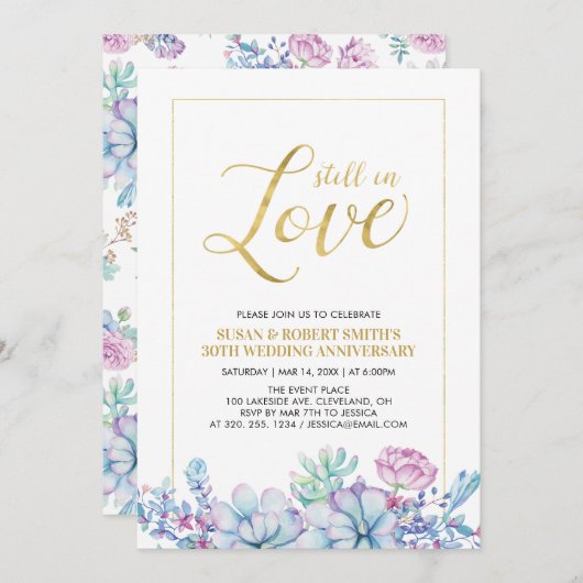 多肉植物の花とゴールドの結婚記念日パーティー 招待状 (正面/裏面)