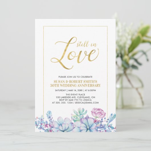 多肉植物の花と金ゴールド結婚の記念日パーティー 招待状 (スタンド正面)