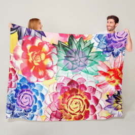 多肉植物の芸術的水彩画 フリースブランケット