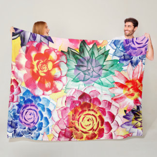 多肉植物の芸術的水彩画 フリースブランケット