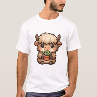 多肉植物を抱えるかわいいヤク Tシャツ