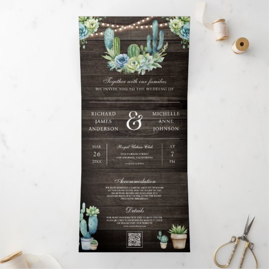 多肉植物サボテン木材QRコー結婚ド 三つ折り招待状 (内部)