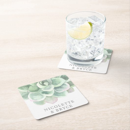 多肉植物セージ緑の水色結婚の スクエアペーパーコースター (インサイチュ)