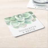 多肉植物セージ緑の水色結婚の スクエアペーパーコースター (アングル)