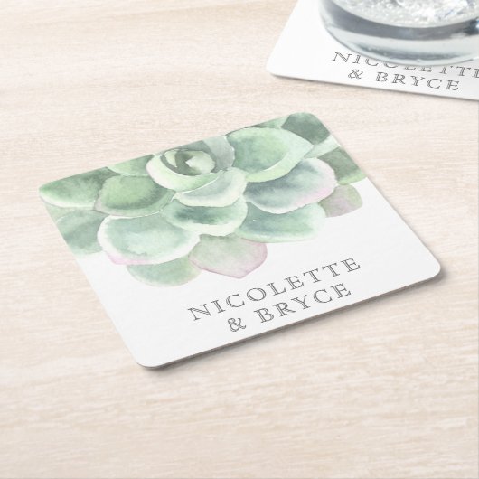 多肉植物セージ緑の水色結婚の スクエアペーパーコースター (アングル)