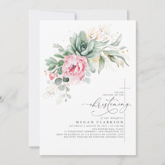 多肉植物ピンクの花のモダン《キリスト教》洗礼式や命名式 招待状 (正面)