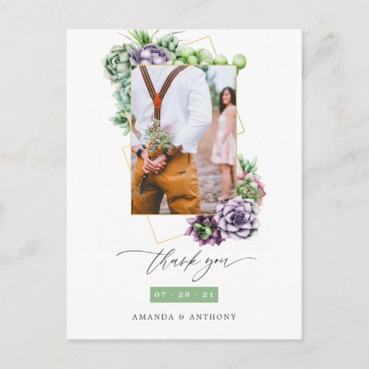 多肉植物幾何学デザインの結婚式写真お礼カード ポストカード (正面)