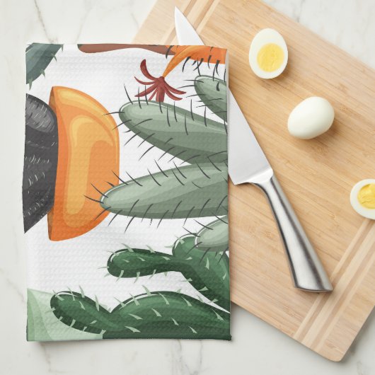 多肉植物、サボテン:かわいい花のパターン。 キッチンタオル (四つ折り)