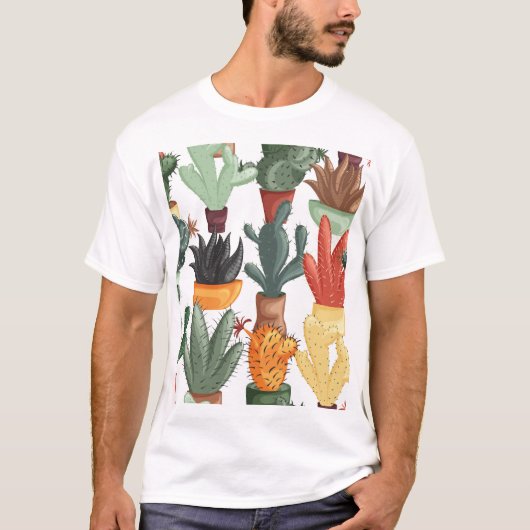 多肉植物、サボテン:かわいい花のパターン。 Tシャツ (正面)