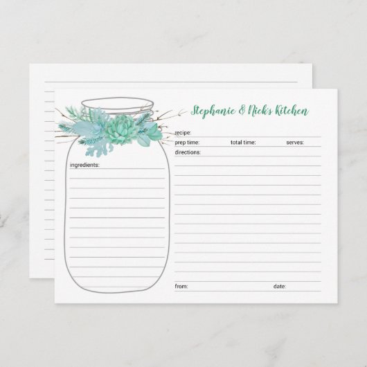多肉植物 メイソンジャー ブライダルシャワー レシピ カード (正面/裏面)
