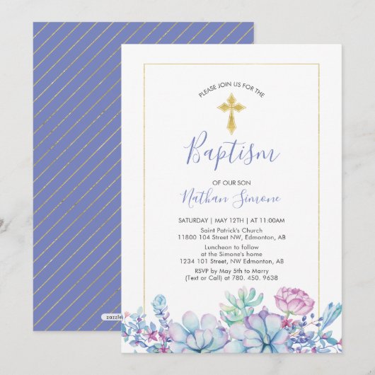 多肉植物 & 十字架 | 男の子の洗礼、命名式 招待状 (正面/裏面)