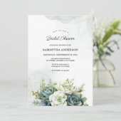 多肉植物、白いバラ、緑のブライダルシャワー 招待状 (スタンド正面)