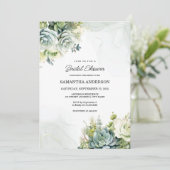 多肉植物、白いバラ、緑のブライダルシャワー 招待状 (スタンド正面)