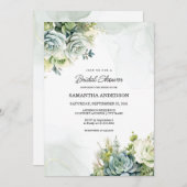 多肉植物、白いバラ、緑のブライダルシャワー 招待状 (正面/裏面)