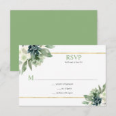 多肉植物，金ゴールド，白い花 – 春緑 出欠カード (正面/裏面)