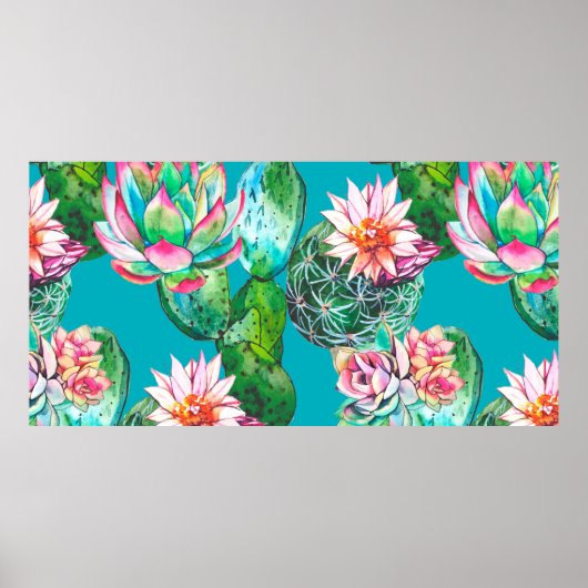 多肉水色イラストレーション模様 ポスター (正面)