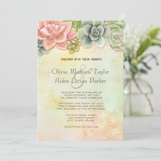 多肉水色フローラ結婚 – オプション2 招待状 (スタンド正面)