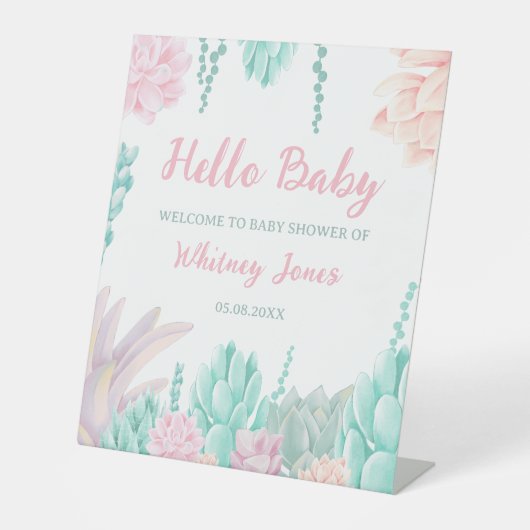 多肉水色可愛い女の子ベビーシャワーへようこそ 台座サイン (正面)