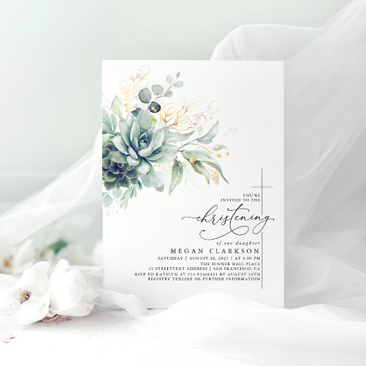 多肉的な緑の金ゴールド葉エレガント《キリスト教》洗礼式や命名式 招待状