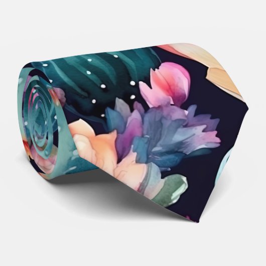 多肉砂漠の水色のフローラ花模様 ネクタイ (ロール)