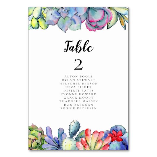 多肉種のサボテンの水彩シーティングチャートカード テーブルナンバー (正面)