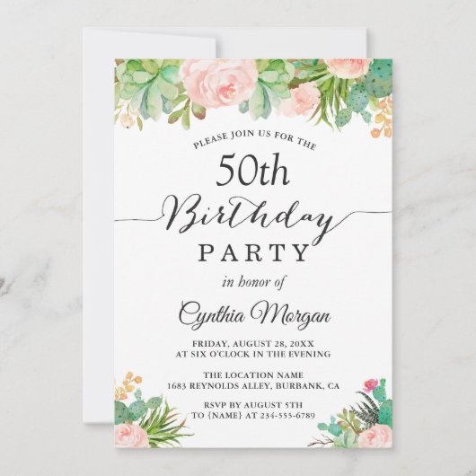 多肉素朴サボテンフローラ50th誕生日パーティー 招待状 (正面)
