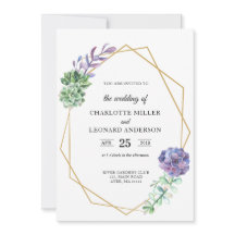 多肉紫色の結婚式招待状金ゴールド エレガント