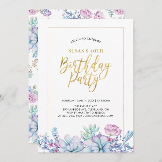 多肉花と金ゴールド大人50歳の誕生日パーティー 招待状 (正面/裏面)