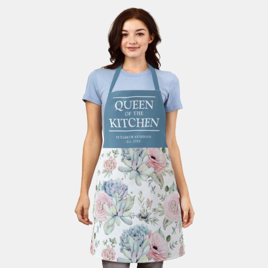 多肉質のフローラクイーンズザキッチンネームエプロン エプロン (着用した状態)