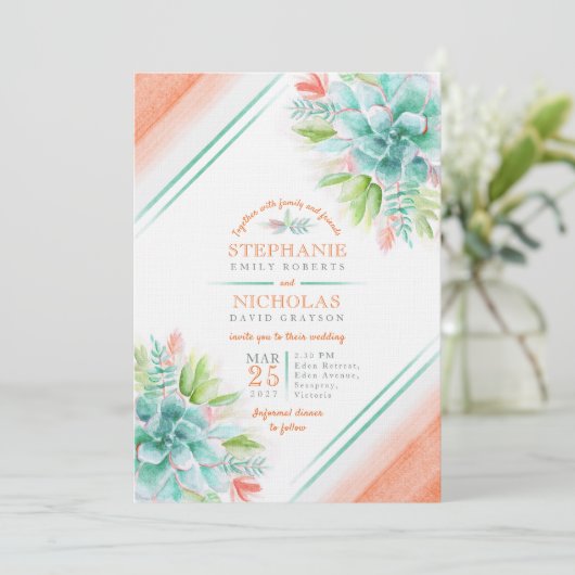 多肉質の水色の緑のオレンジの結婚式の誘い 招待状 (スタンド正面)