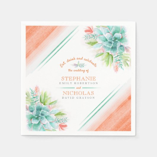 多肉質の水色の緑のオレンジ結婚の色 スタンダードカクテルナプキン (正面)