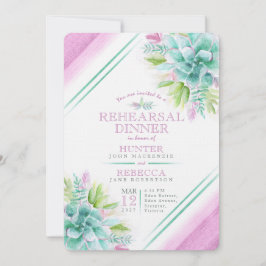 多肉質の水色の緑の紫のリハーサルディナー 招待状