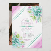 多肉質の水色の緑の紫の結婚写真 招待状 (正面/裏面)