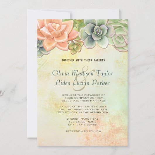 多肉質ウォーター結婚カラーフローラ桃 招待状 (正面)