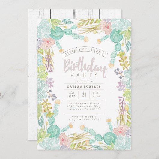 多肉質ガーデンの水彩 |誕生日パーティー 招待状 (正面/裏面)