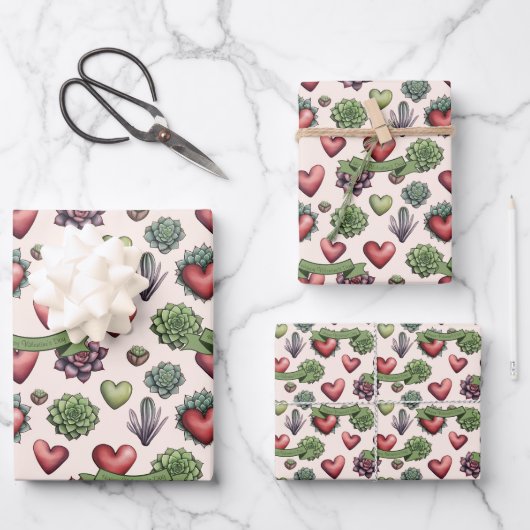 多肉質ハート水色バレンタインのパターン ラッピングペーパーシート (正面)