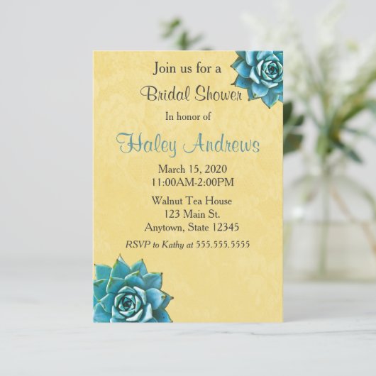 多肉質ブライダルシャワー水彩イエローレース 招待状 (スタンド正面)