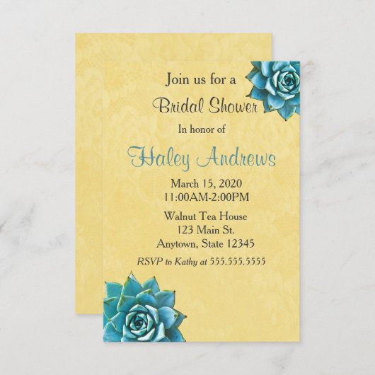多肉質ブライダルシャワー水彩イエローレース 招待状 (正面/裏面)