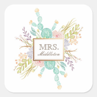 多肉質ブーケ水彩 |名前 スクエアシール