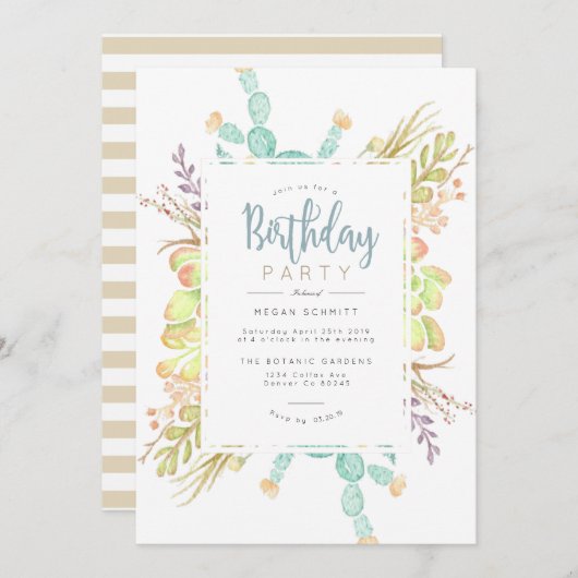 多肉質ブーケ水彩 |誕生日招待状 招待状 (正面/裏面)