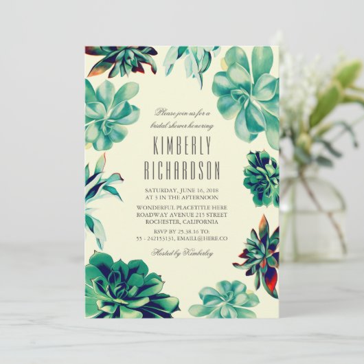 多肉質ブーケ – フローラティール(緑がかった色)ブライダルシャワー 招待状 (スタンド正面)