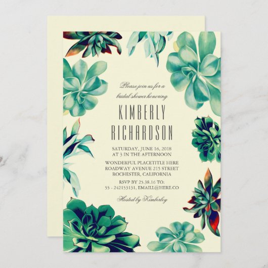 多肉質ブーケ – フローラティール(緑がかった色)ブライダルシャワー 招待状 (正面/裏面)