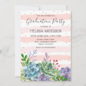 多肉赤面ピンクストライプ卒業式パーティー 招待状 (正面)