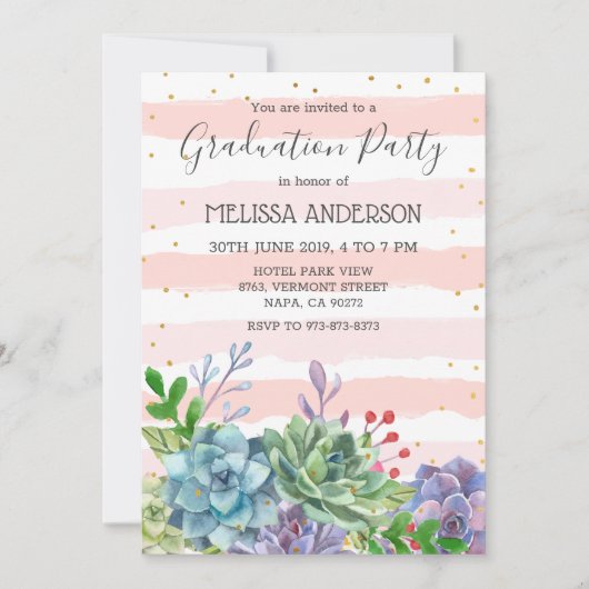 多肉赤面ピンクストライプ卒業式パーティー 招待状 (正面)