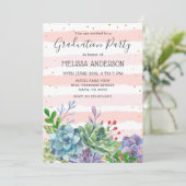 多肉赤面ピンクストライプ卒業式パーティー 招待状 (スタンド正面)