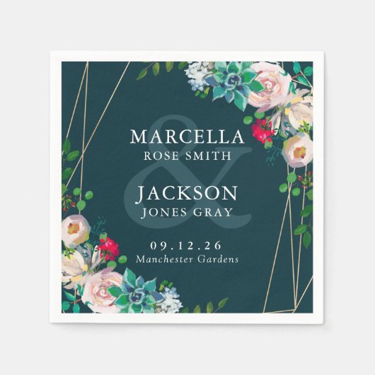 多肉類&金ゴールドシック結婚ズ スタンダードカクテルナプキン (正面)