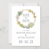 多肉、小枝、石 |日付の保存 マグネット招待状 (正面)