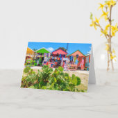 多色のな木製のコテージ|長い湾のビーチ カード (黄色い花)