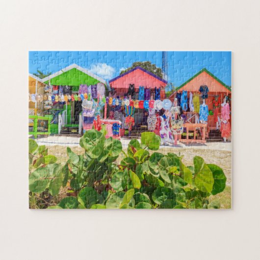 多色のな木製のコテージ|長い湾のビーチ ジグソーパズル (横)