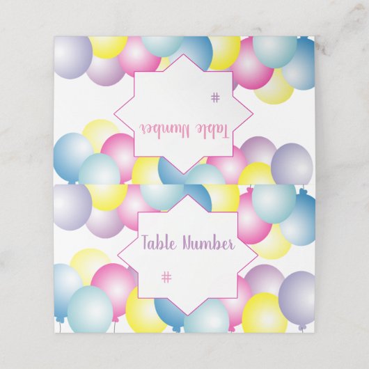 多色のバルーンバースデーパーティーをテーマにした プレイスカード (外部開封)